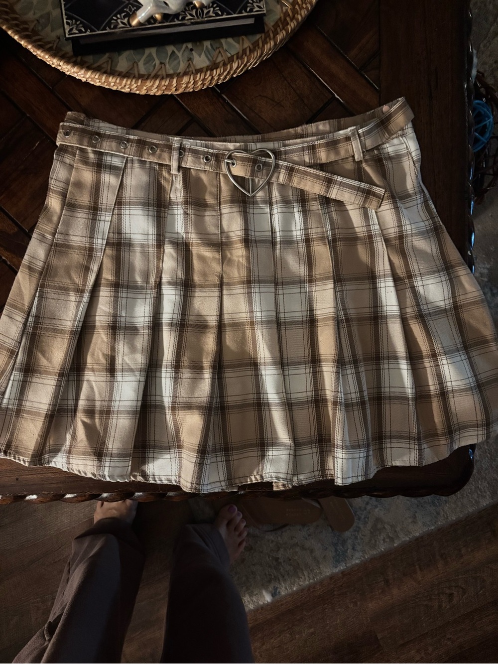 Rue21 Beige and Cream Plaid Pleated Skirt with Heart-Buckle Belt